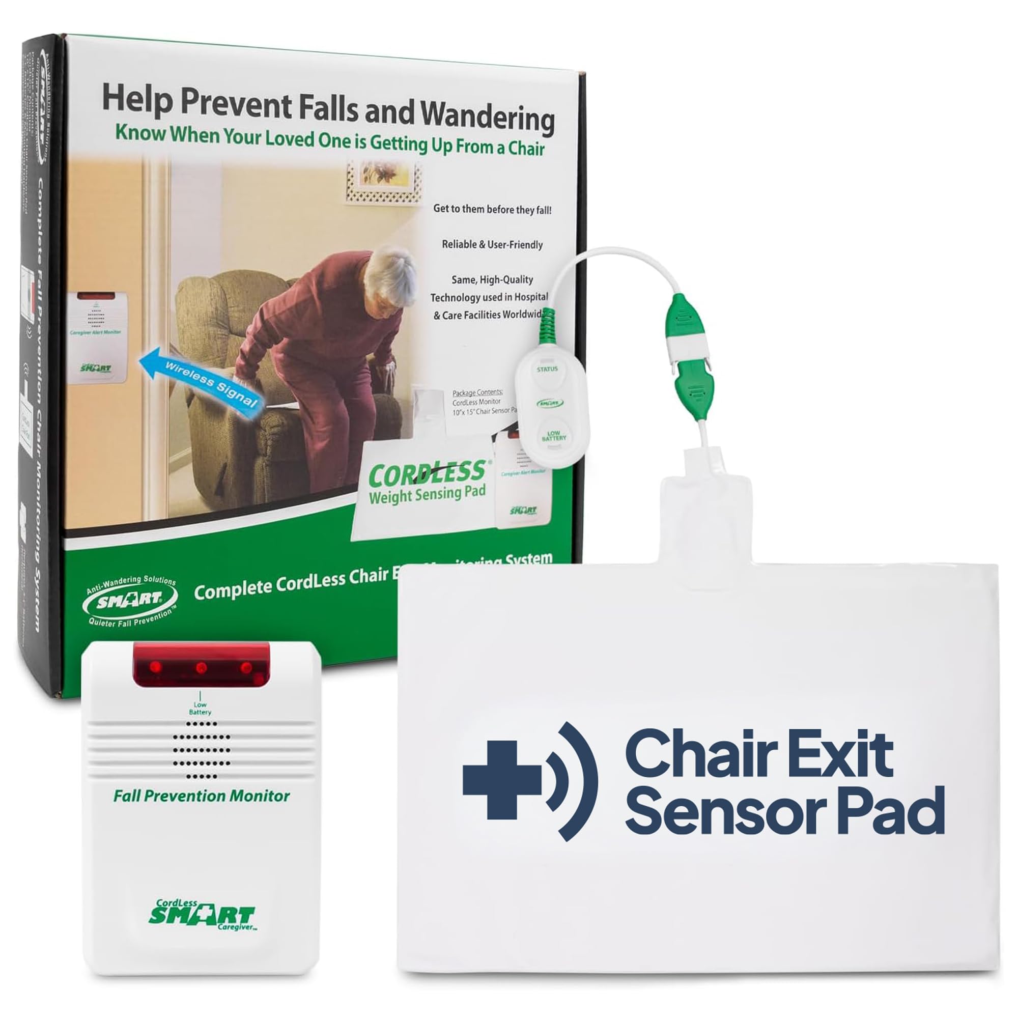 Smart Caregiver Wireless Chair Exit Alarm with Weight Sensing Pad - Automatically alerts caregiver when they get up to prevent falls | 10"x15" Pressure Sensor and Cordless Chair Alarm up to 300' Range