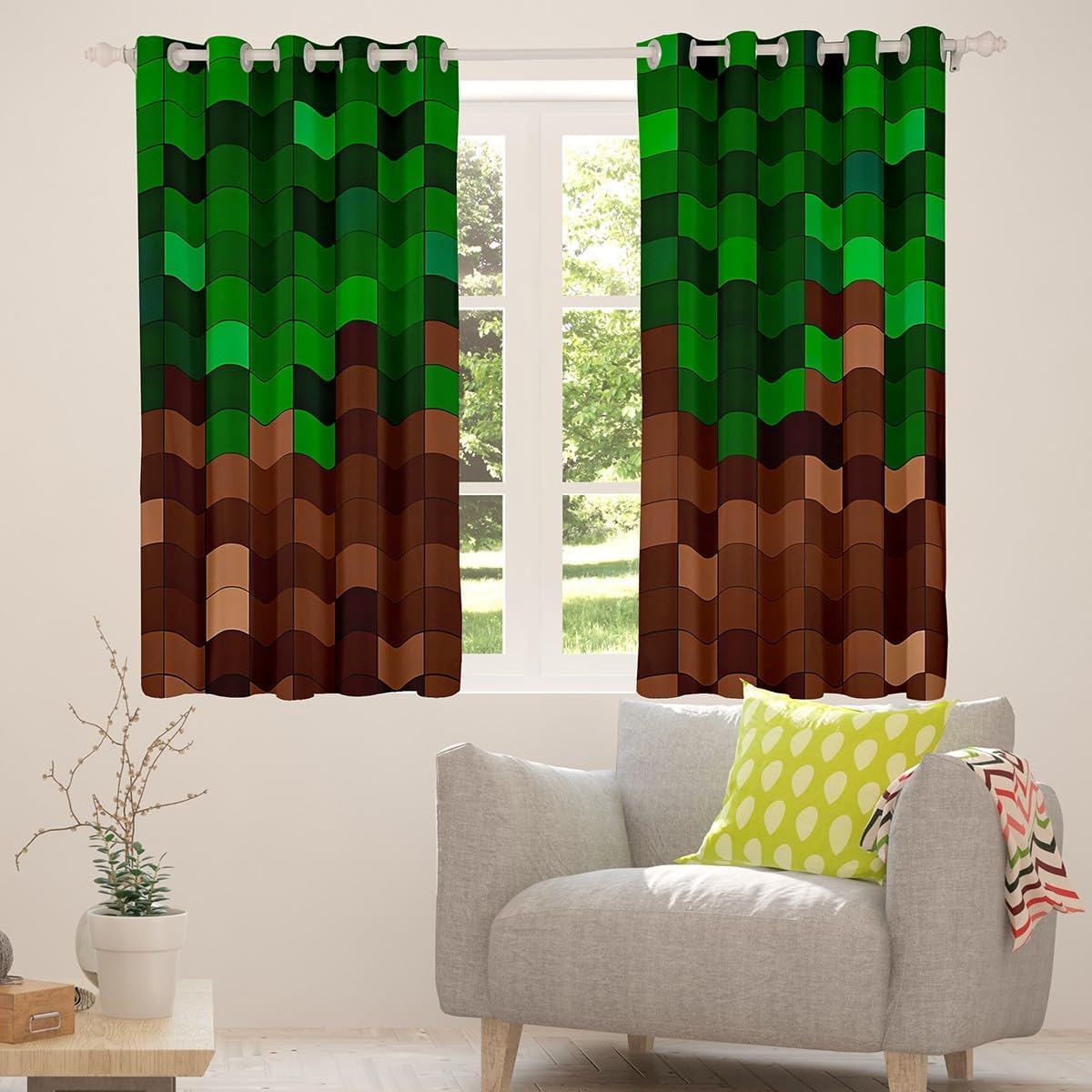 Manfei Pixelierte Blackout Vorhänge, Patchwork Grid Videospiele Jungen Zimmer Dekor,Bergleute Lattice Simple Window Curtains,Dark Green Brown 2 Panels, S Größe