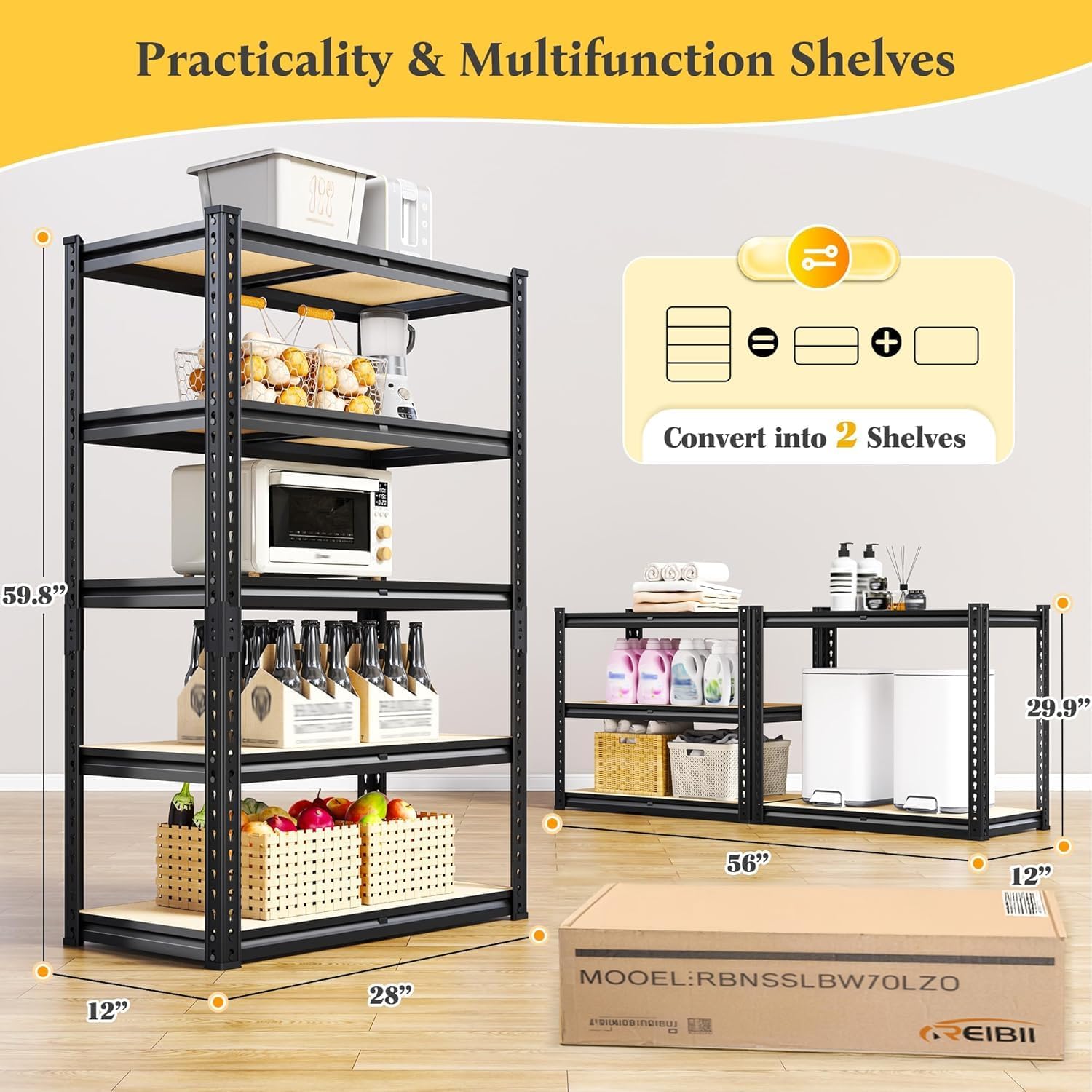 5 Tier Garage Shelving 2020LBS Storage Shelves,Adjustable Heavy Duty Metal Shelving Unit Utility Rack for Garage,Kitchen Pantry Shelf for Warehouse,Closet,Commercial,28" W x 12" D x 59.8" H,Black - Image 3