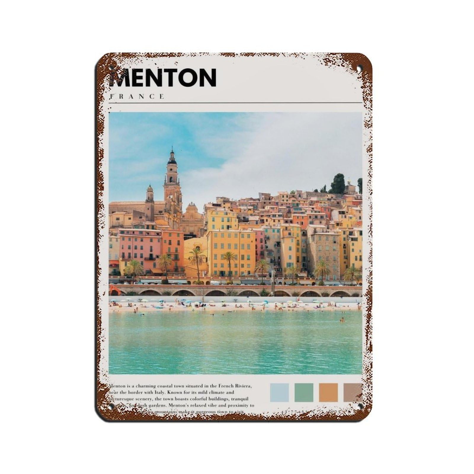 Menton France Poster French Art Retro Poster Metal Tin Sign Chic Art Retro Iron Painting Bar People Cave Cafe Family Garage Poster Wall Decoration 12x16inch(30x40cm)