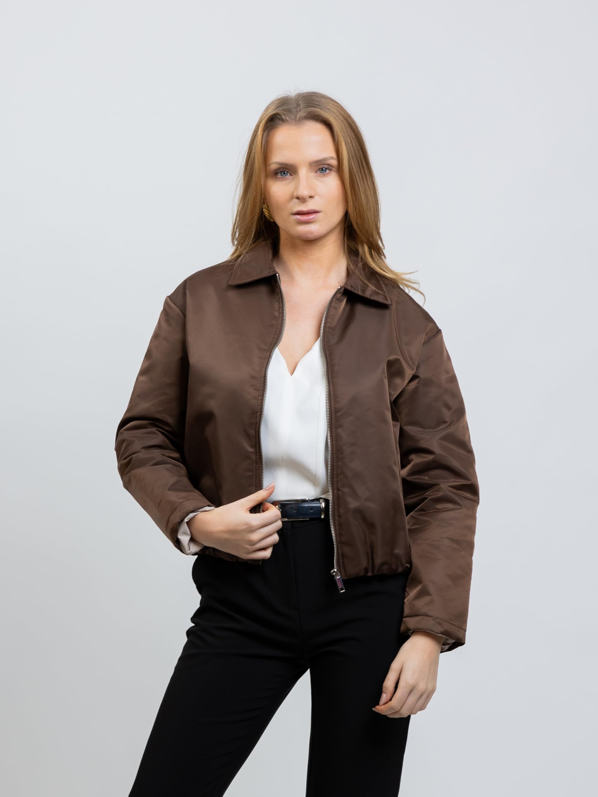 Blouson Bomber Femme avec Fermeture Zip, Col à Revers, Poignets et Bas Élastiques, Doublure Contrastée
