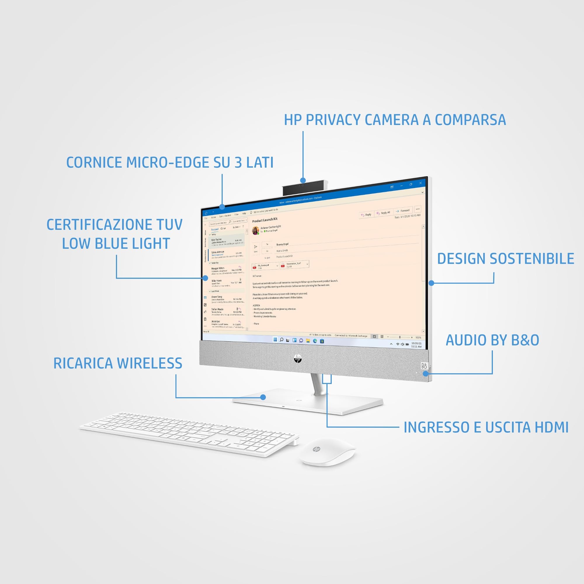 HP Pavilion 24-ca0000sl All-in-One, AMD Ryzen 5 5500U, 16GB RAM LPDDR4, 512GB SSD NVMe, Grafica Integrata AMD, Display da 23.8" FHD IPS, Wi-Fi, Webcam FHD, Windows 11, Non è Touch, Bianco