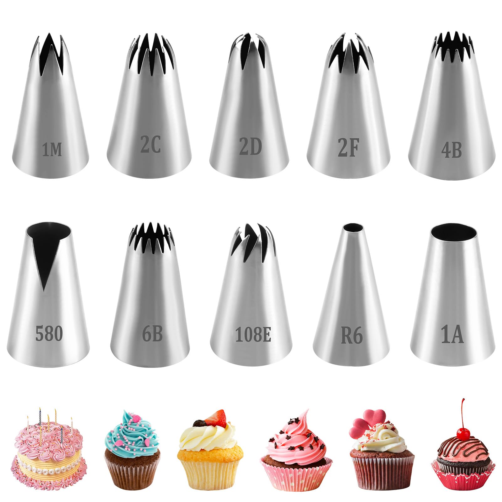 Spuitmonden, groot roestvrij staal en spuitzak, professionele taartaccessoires, spuitzakken, bloemen, tips, spuitmonden, spuitmonden, decoratie van taarten, cupcakes (1A/1M/2D/2F/580/R6/108E/6B Spuitmonden, groot roestvrij staal en spuitzak, professionele taartaccessoires, spuitzakken, bloemen, tips, spuitmonden, spuitmonden, decoratie van taarten, cupcakes (1A/1M/2D/2F/580/R6/108E/6B