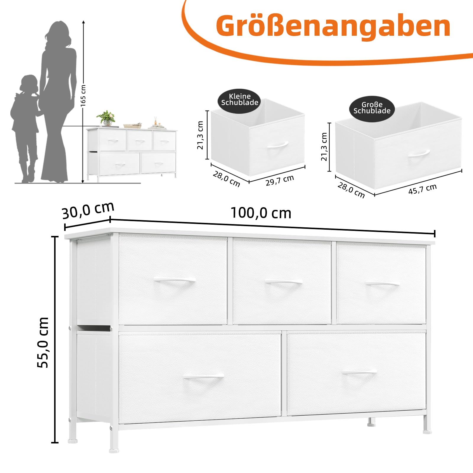 Somdot Kommode mit Schubladen, Stoffkommode, Kommode für Schlafzimmer Wohnzimmer Flur, Komodenschrank Schubladenschrank Aufbewahrungsschrank, 5 Stoffschubladen, Weiß