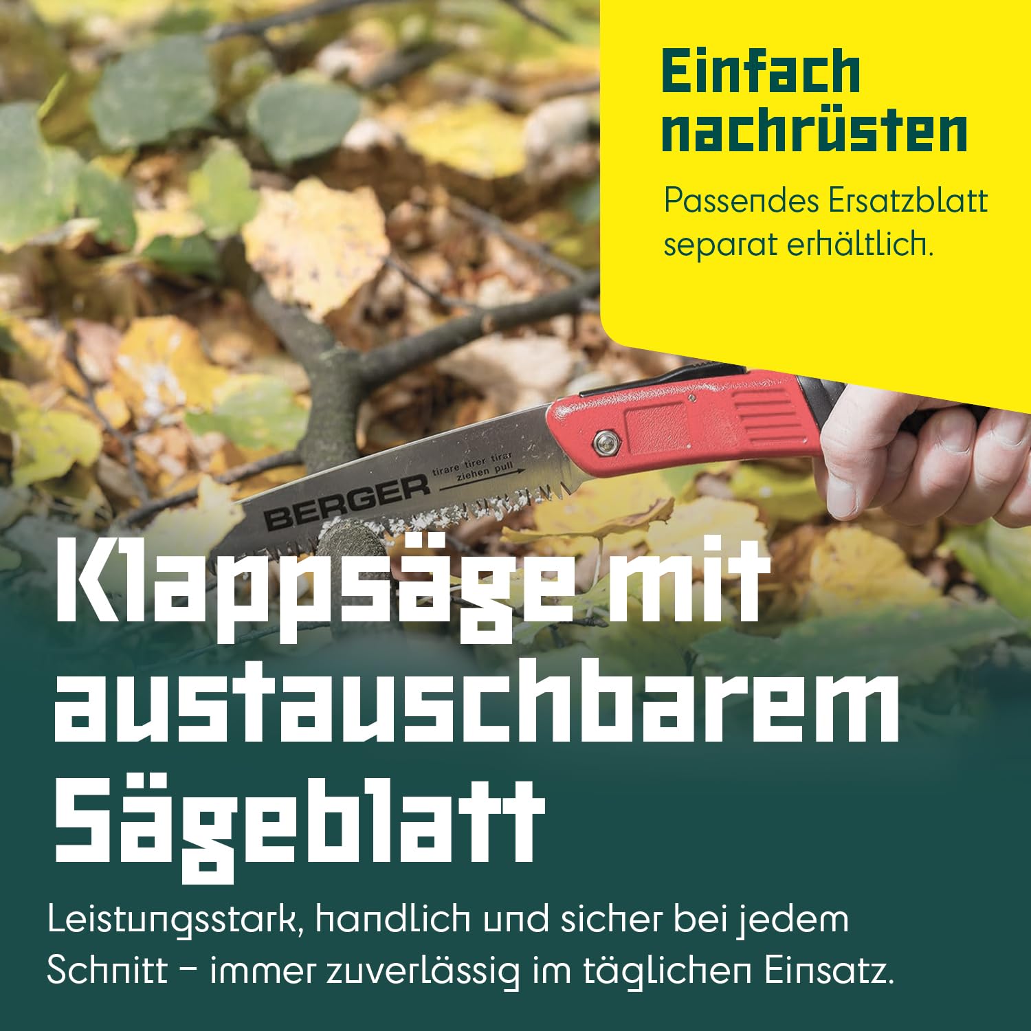 BERGER Klappsäge 64650 | 180 mm Handsäge Holz | Kleine Astsäge klappbar | Holzsäge mit grober Zahnung, Hochleistungssägeblatt & Sicherungsverriegelung | Baumsäge für Garten & Forst