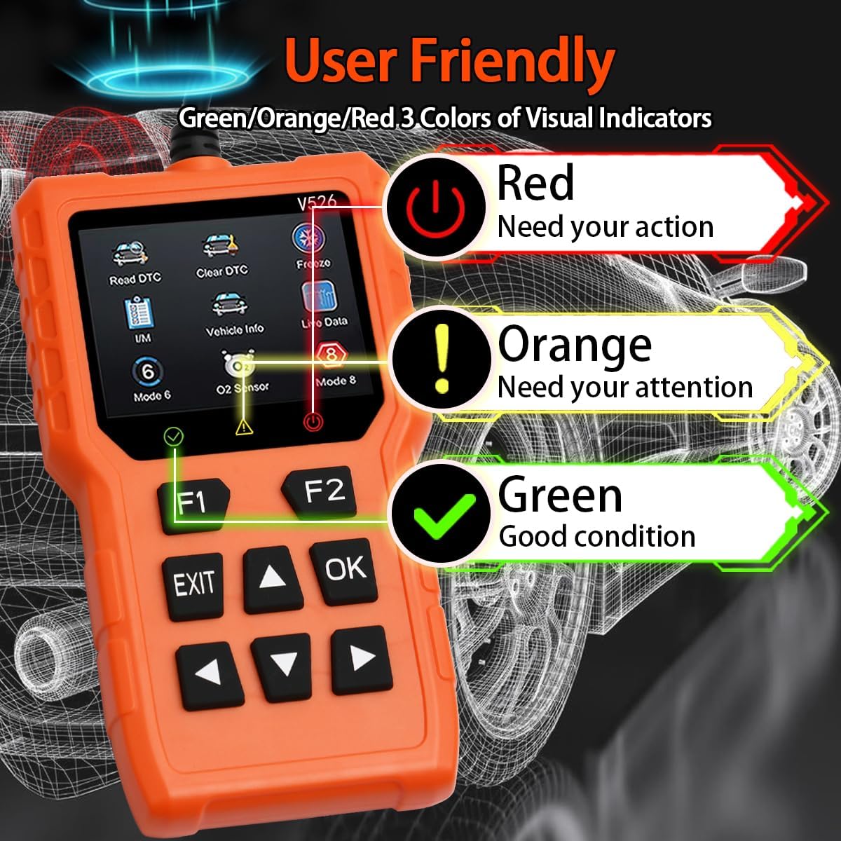 OnRetul V526 OBD2 Scanner showing visual indicators: Red for 'Need your action', Orange for 'Need your attention', and Green for 'Good condition'.