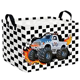 ASKETAM Racing Car Storage Basket Monster Truck Toy Book Shelf Basket Kid Room Decor Gift (Black and White Checkered)