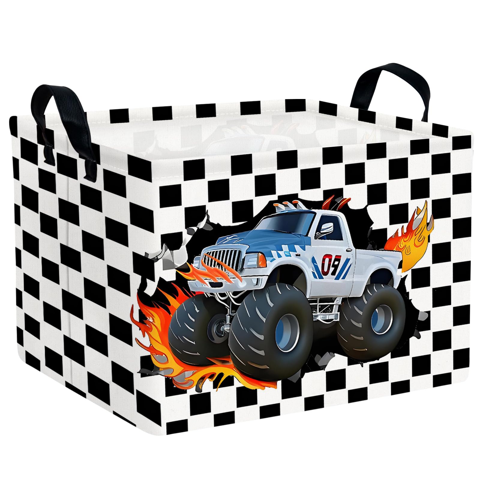 Racing Car Storage Basket Monster Truck Toy Book Shelf Basket Kid Room Decor Gift (Black and White Checkered)