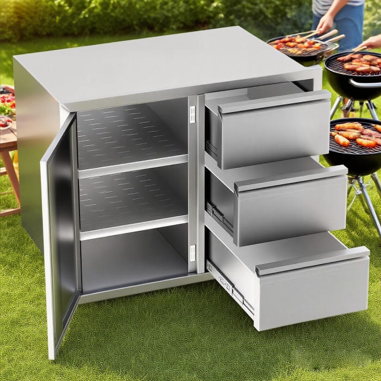 26.3’’W×19’’D×20.4’’H Outdoor Kitchen Drawers Combo with Triple Stainless Steel Drawers(Right), Outdoor Kitchen Cabinets, Outdoor Storage Cabinet for Outdoor Kitchens Island, Grilling Station