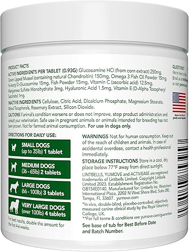 Miniatura 2 de Yumove Suplemento de cadera y articulaciones para perros, con condroitina de glucosamina, Omega 3, ácido hialurónico, mejillón de labios verdes y