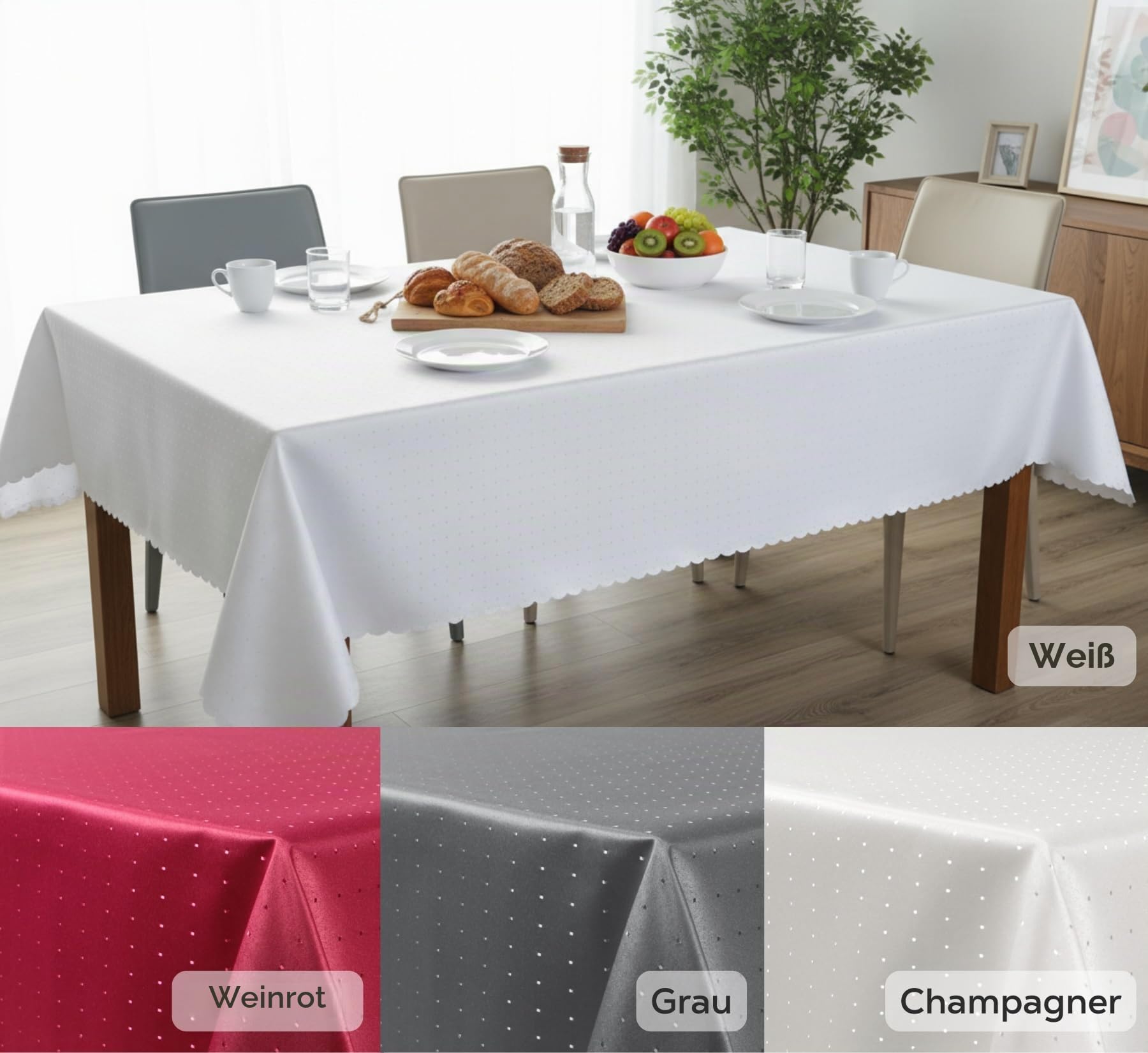 BEAUTEX Damast Tischdecke Punkte eckig 130x300 Champagner bügelfrei edel | fleckenabweisend, Lotuseffekt, formstabil, strapazierfähig, eleganter Glanz, hochwertige Tischwäsche für Alltag & Anlass