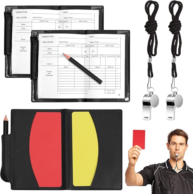 Dasyusuo 4Pcs Referee Cards Set, Football Red and Yellow Cards Coach Whistle with Wallet Score Sheets Pencil Accessories for Football Soccer Game Sports