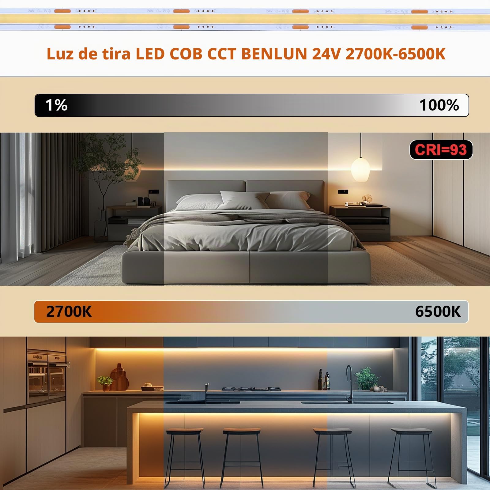BENLUN 24V Tira LED COB CCT Bajo Mueble Cocina 10 Metros, 2700K-6500K Regulable Blanco Tira LED de Interior, 8,5W/M CRI 93 Luz LED Recortable con Mando y Alimentación para Habitacion