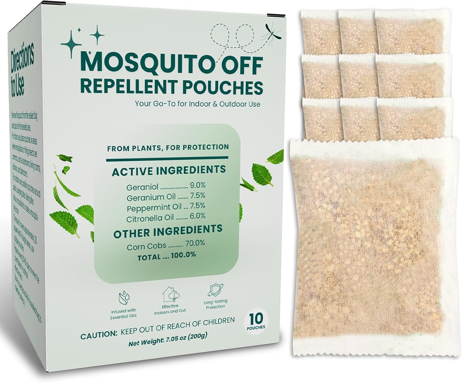 Mosquito Repellent Outdoor Patio, Mosquito Repellent Pouches Plant-Based Long-Lasting with Geraniol, Citronella, Peppermint (10 Sachets)