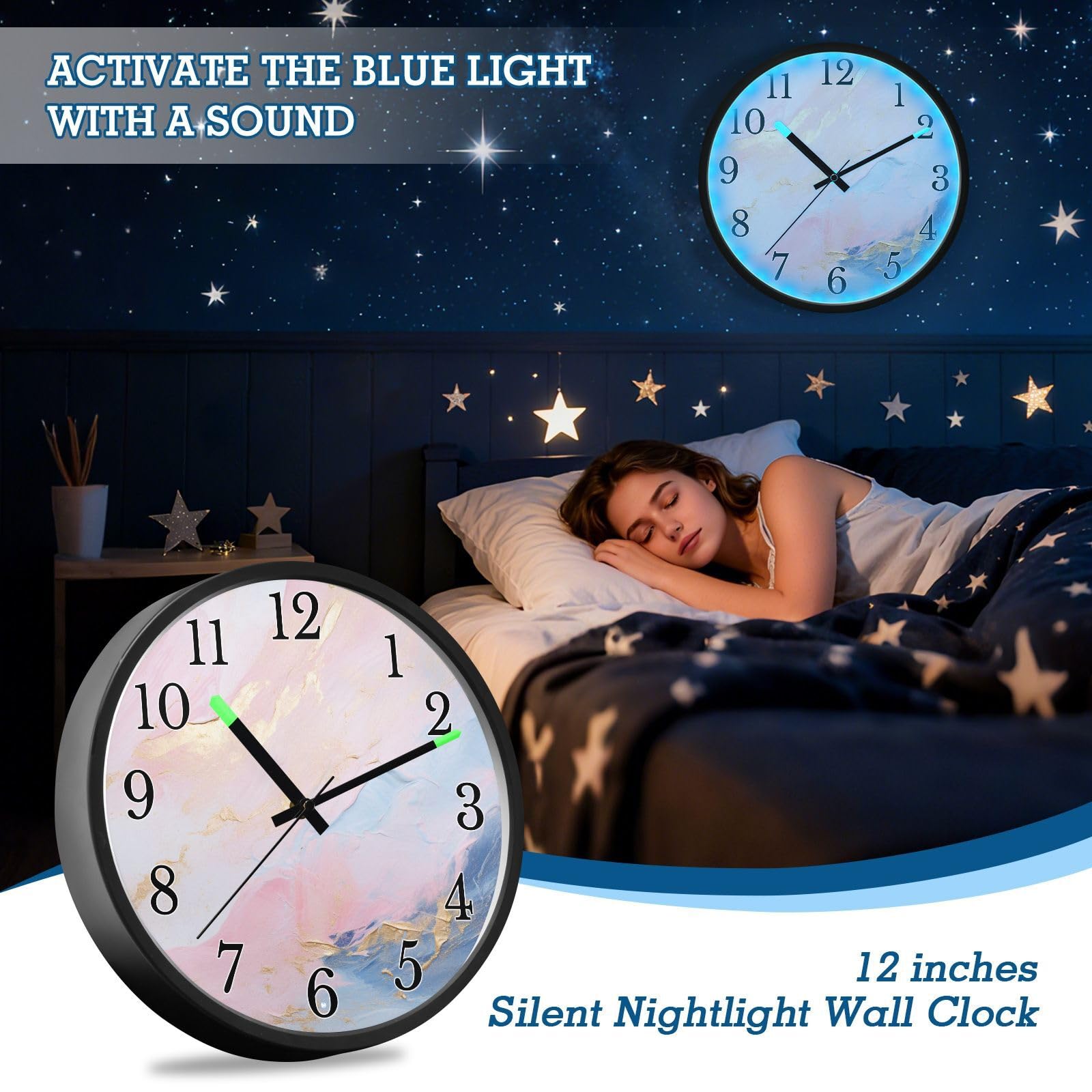Mnsruu Reloj de pared luminoso con tinta de mármol rosa, reloj de pared que brilla en la oscuridad, funciona con pilas, reloj de luz nocturna silencioso sin tictac para dormitorio