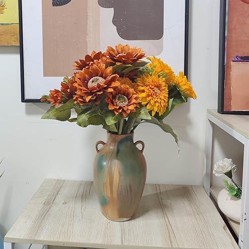 Miniatura 7 de Cerámica de terracota  Jarrón decorativo único de granja de 10 pulgadas con asa, jarrón verde esmaltado amarillo tierra bohemio neutro decoración