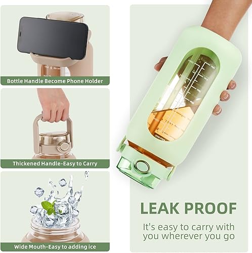 Miniatura 10 de SIEROZUR Botella de agua de vidrio de 64 onzas con popote y tapa con asa botella de vidrio motivacional de medio galón con funda de silicona y
