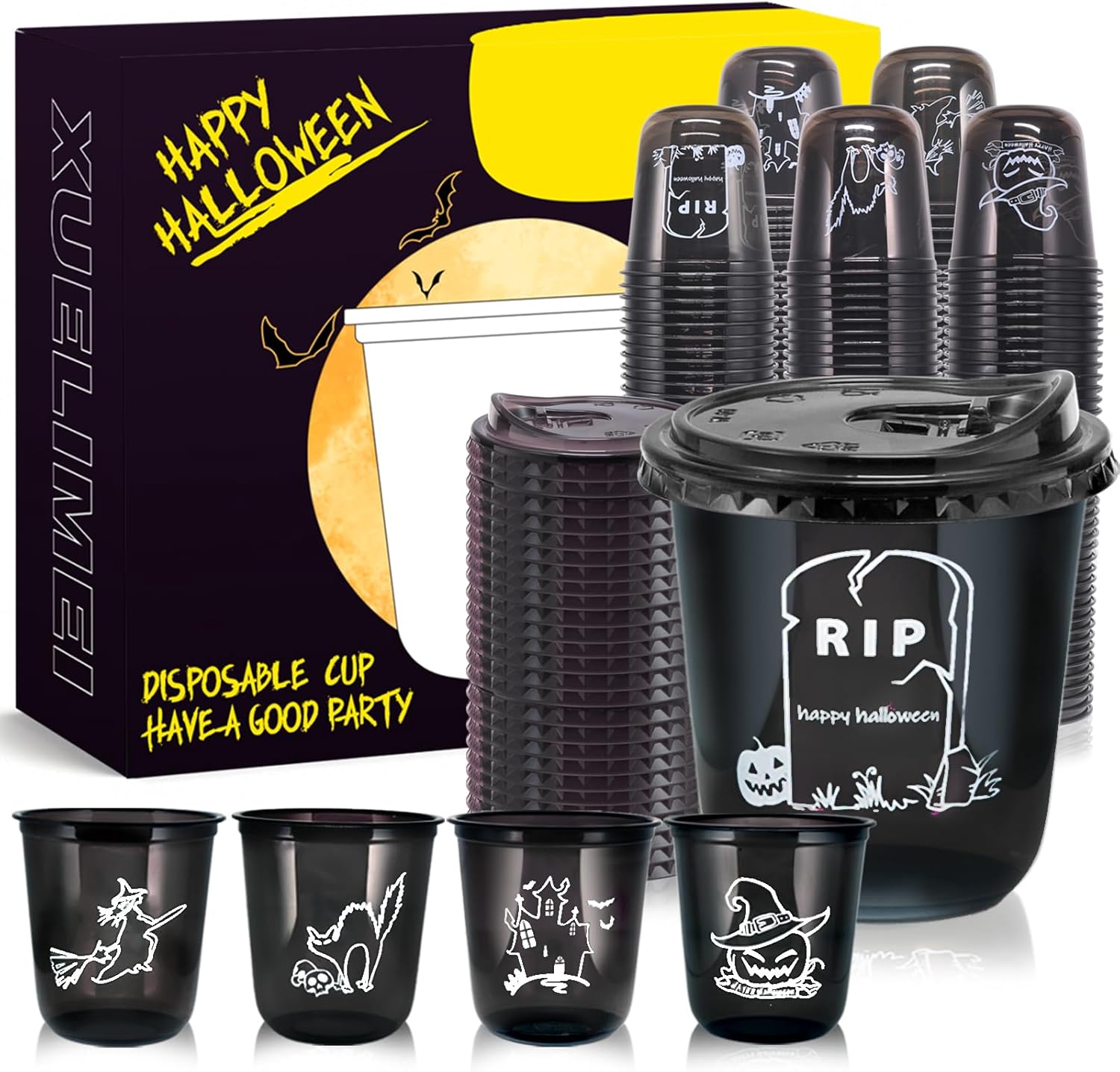 12oz halloween disposable plastic cups with strawless sip lids-happy halloween disposable clear cups with 5 styles for party supplies?coffee, beer, drinks, ice cream, snacks (100)