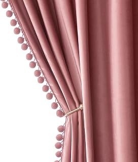 MIULEE Blush Pink Pom Pom Velvet Blackout Curtains, W52 x L84, Set of 2