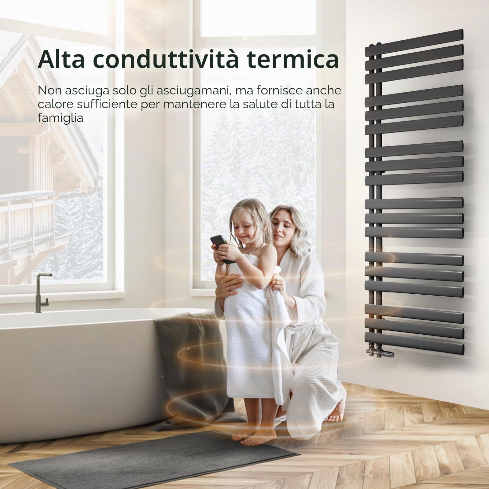 EMKE Scaldasalviette ovale da bagno, 143 x 40 cm, con attacco laterale, per bagno, colore: antracite, 510 Watt