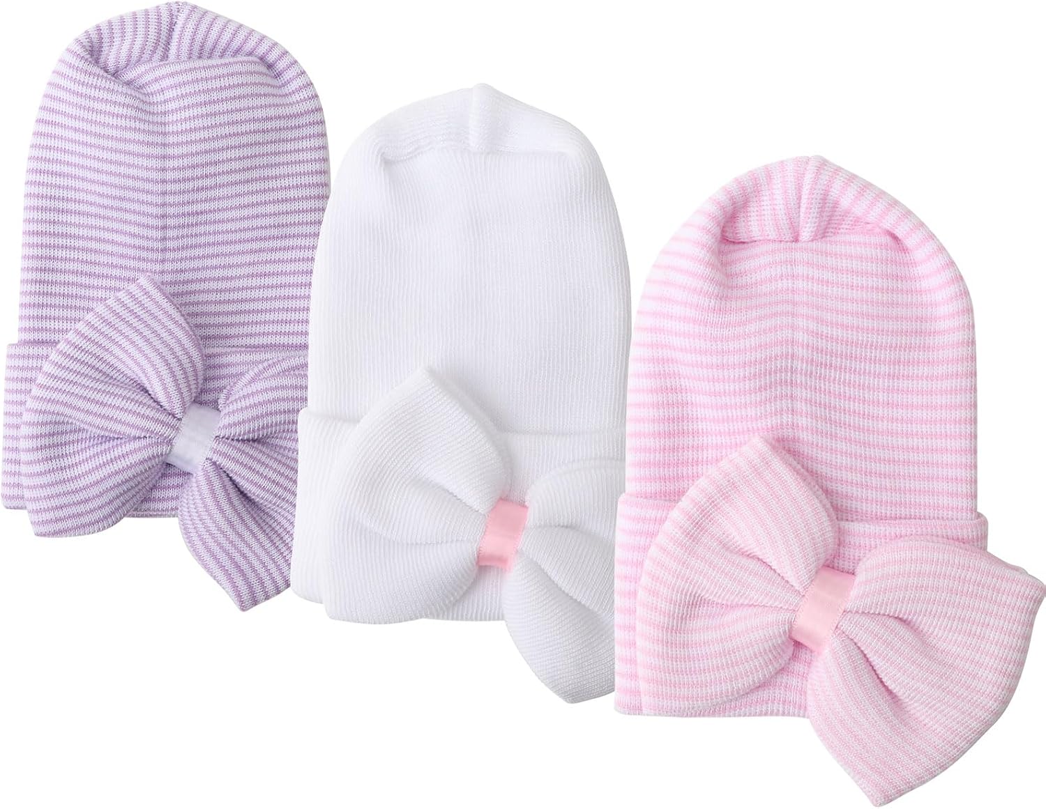 DRESHOW BQUBO Newborn Hospital Hat with Bow Cotton Infant Baby Cap Soft Cute Nursery Beanie Hat for Baby Girl Boy 0-3 Months
