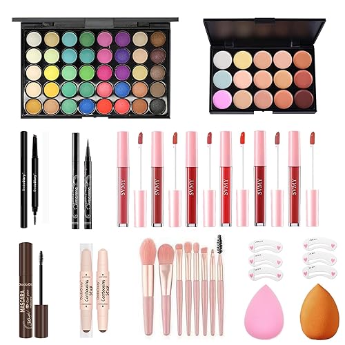 Kit de maquillaje todo en uno kit de maquillaje para niñas con paleta de sombras de ojos, corrector, barra de contorno, delineador de ojos, brillo