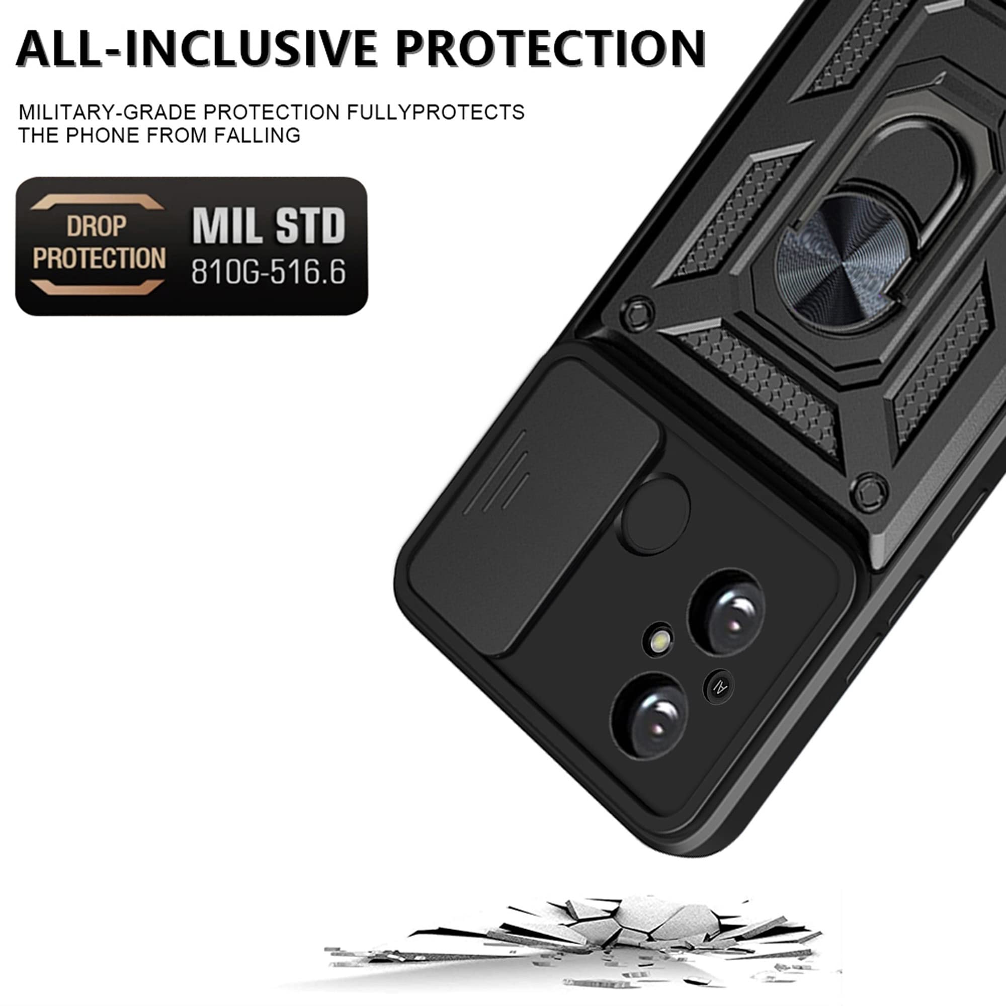 Handyhülle Für Xiaomi Redmi 12C / 11A – Mit Schiebekamera & 360° Drehring (militärischer Schutz)