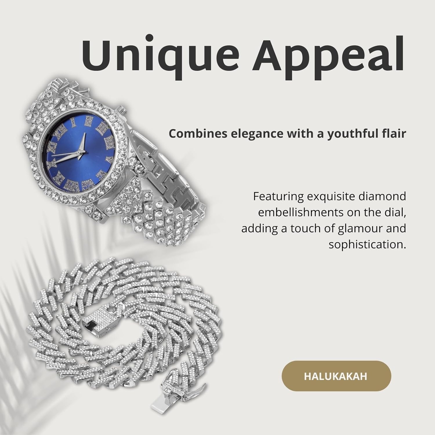 Halukakah Diamonds Watch Iced Out for Boy Teens - 18K Real Gold/Platinum Plated - 36mm Green/Blue/Red Dial - 8" Length - Optional with Cuban Link Chain, with Watch Adjuster Tool - Goldfoil Giftbox