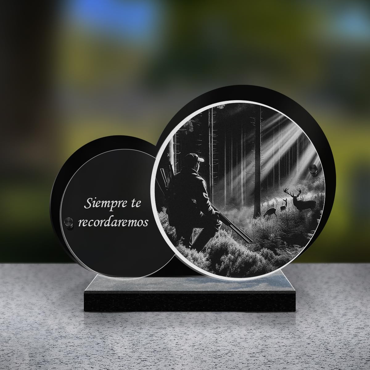 Eternel - Placa Funeraria Personalizada Doble Círculo - Caza, Cazador, Bosque - Texto Personalizable, Placa Funeraria Grabada con Láser para Homenaje, Placa Mortuoria, Cementerio, Conmemoración