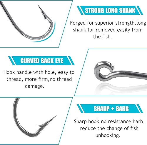 Miniatura 4 de Saltwater Fishing Hooks,40pcs Stainless Steel Forged Long Shank Hooks O'shaughnessy Fish Hooks 34007 White Big Extra Fishing Hooks for Saltwater