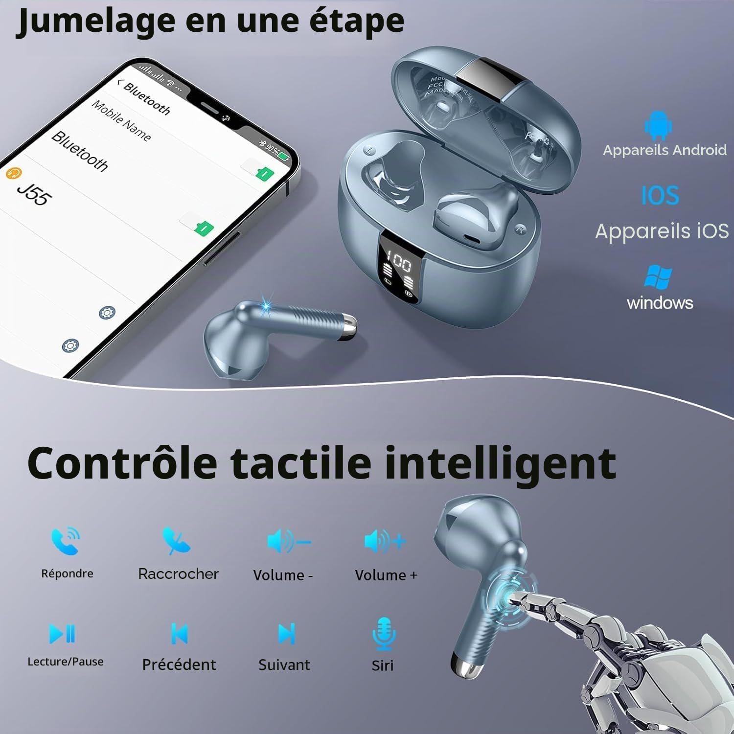 Ecouteurs Bluetooth sans Fil, Écouteurs Bluetooth 5.3 2026 Écouteurs sans Fil avec 4 ENC Réduction de Bruit Mic, IP7 Étanches Oreillette Bluetooth 48H Stéréo USB-C Casque Bluetooth pour Sport/Travail