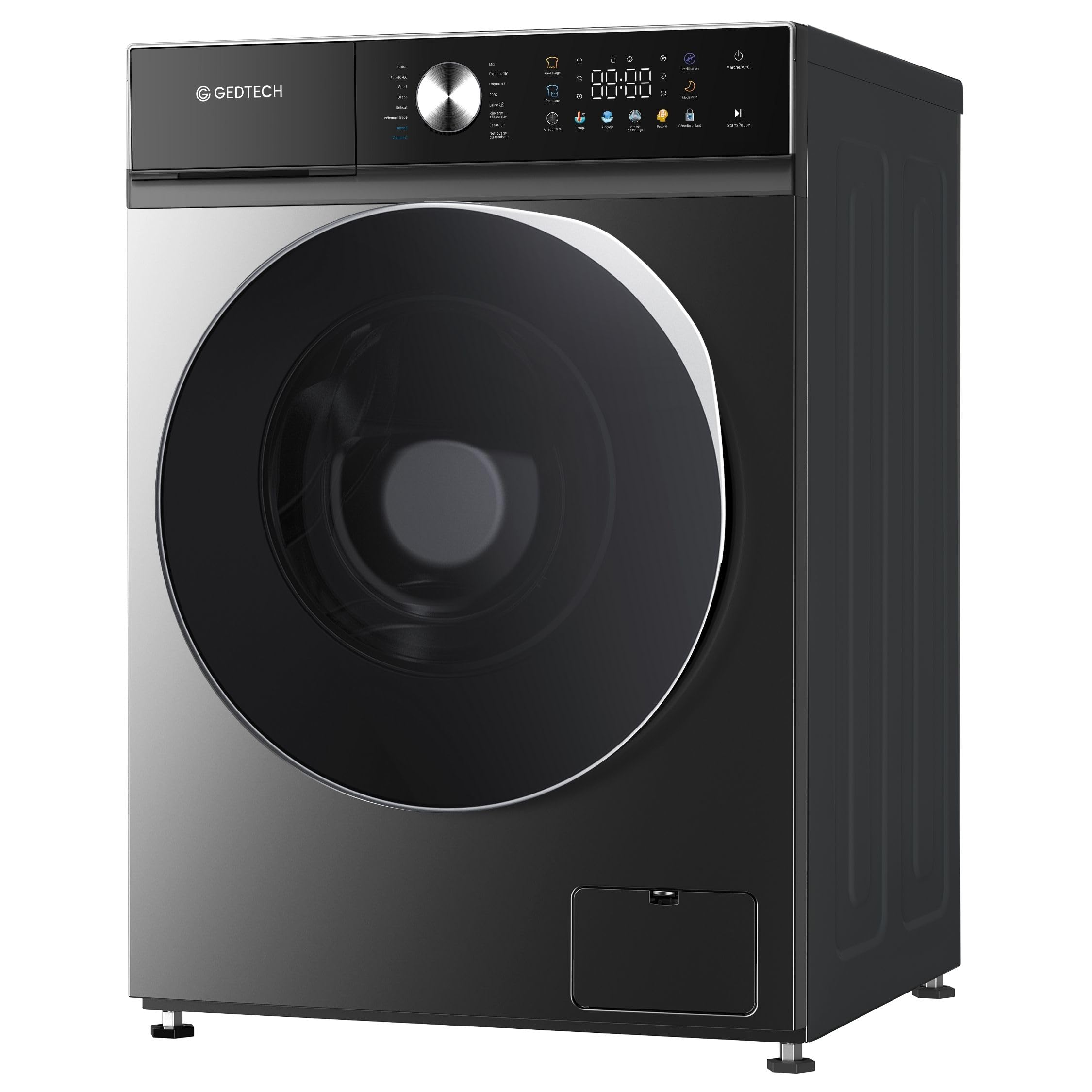 GEDTECH Lave-linge frontal GLLPS121400DG 12 Kg 1400 tr/mn 16 programmes Eco Intensif Rapide Faible conso Panneau commande LED couleur