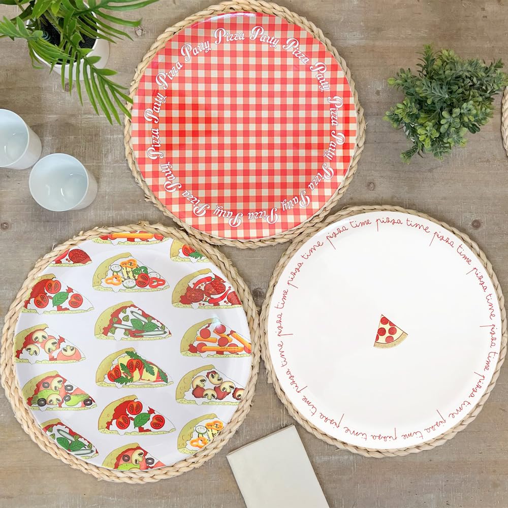 PALUPLUS Set 6 Piatti Pizza Rotondi in Melamina, Diametro 33 cm e Altezza 1,5 cm, Piatto con 3 Decorazioni, Infrangibili e Riutilizzabili, Fantasia Rossa, Pizza Time e Spicchi pizza -4634C