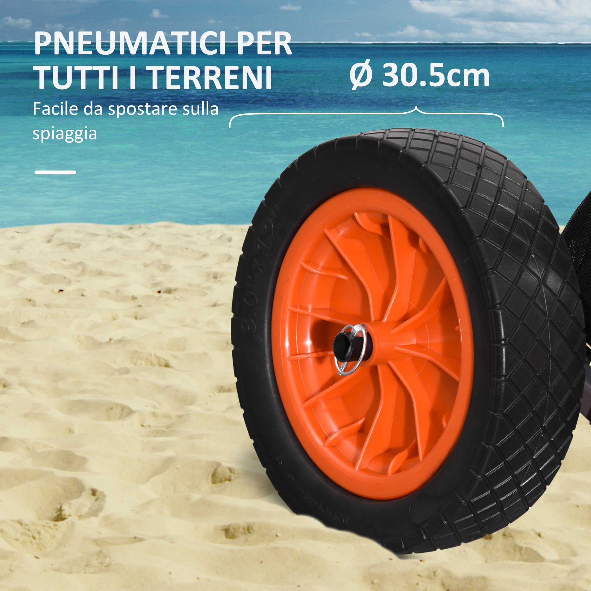 SPORTNOW Carrello da Spiaggia Pieghevole in Alluminio e PU con Tasca in Rete, Manico Telescopico e Cavalletto, 82x67x81 cm, Multicolore