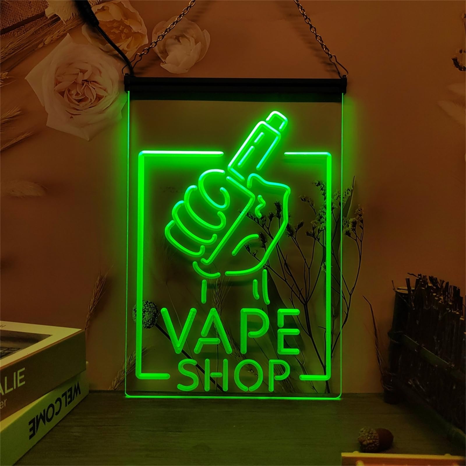 REWIS Vape Shop LED Neon Sign, Vape Holding Hand 7-Color Dimming LED Neon Lights Wall Hanging Luminous Decor USB Powerd with Remote Control Dimmer,30x40cm