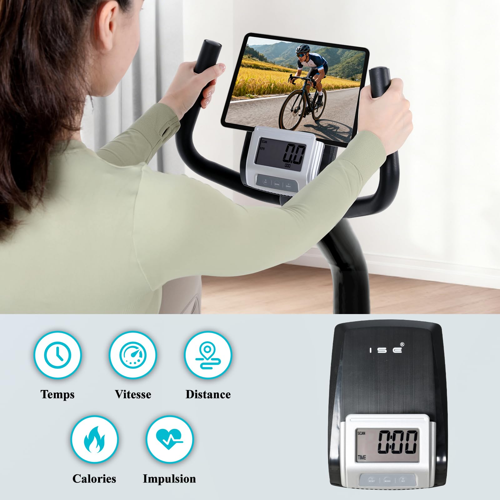 ISE Vélo d appartement Semi Allongé Magnétique 8 Niveaux Résistance, Velo d appartement Dossier Réglable Ergonomie, Impulsion/Ecran LCD, Velo Appartement Semi-Allongé Volant Silencieux, Maison/Bureau