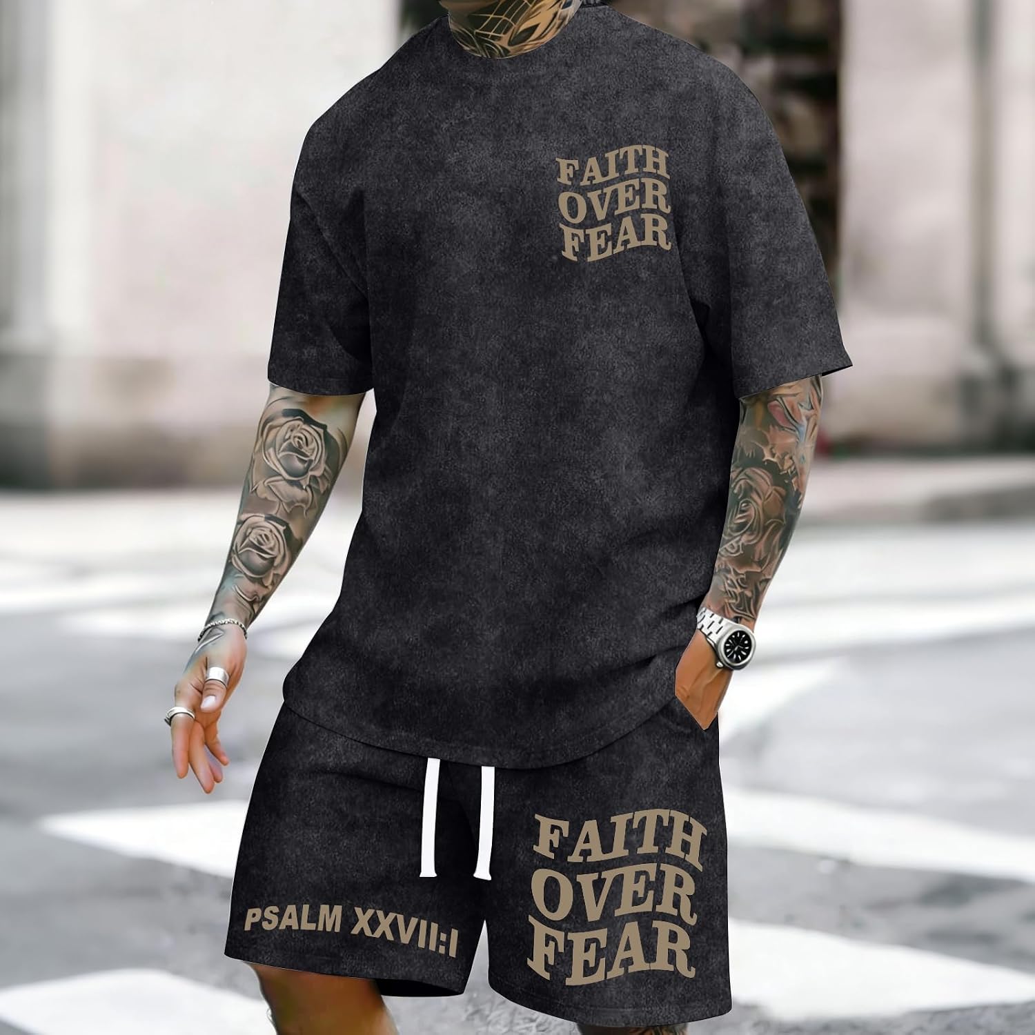 Men's Christian Shirt and Shorts Set Oversized Faith Over Fear T Shirt Washed Religious Bible Verse 2 Piece Outfits