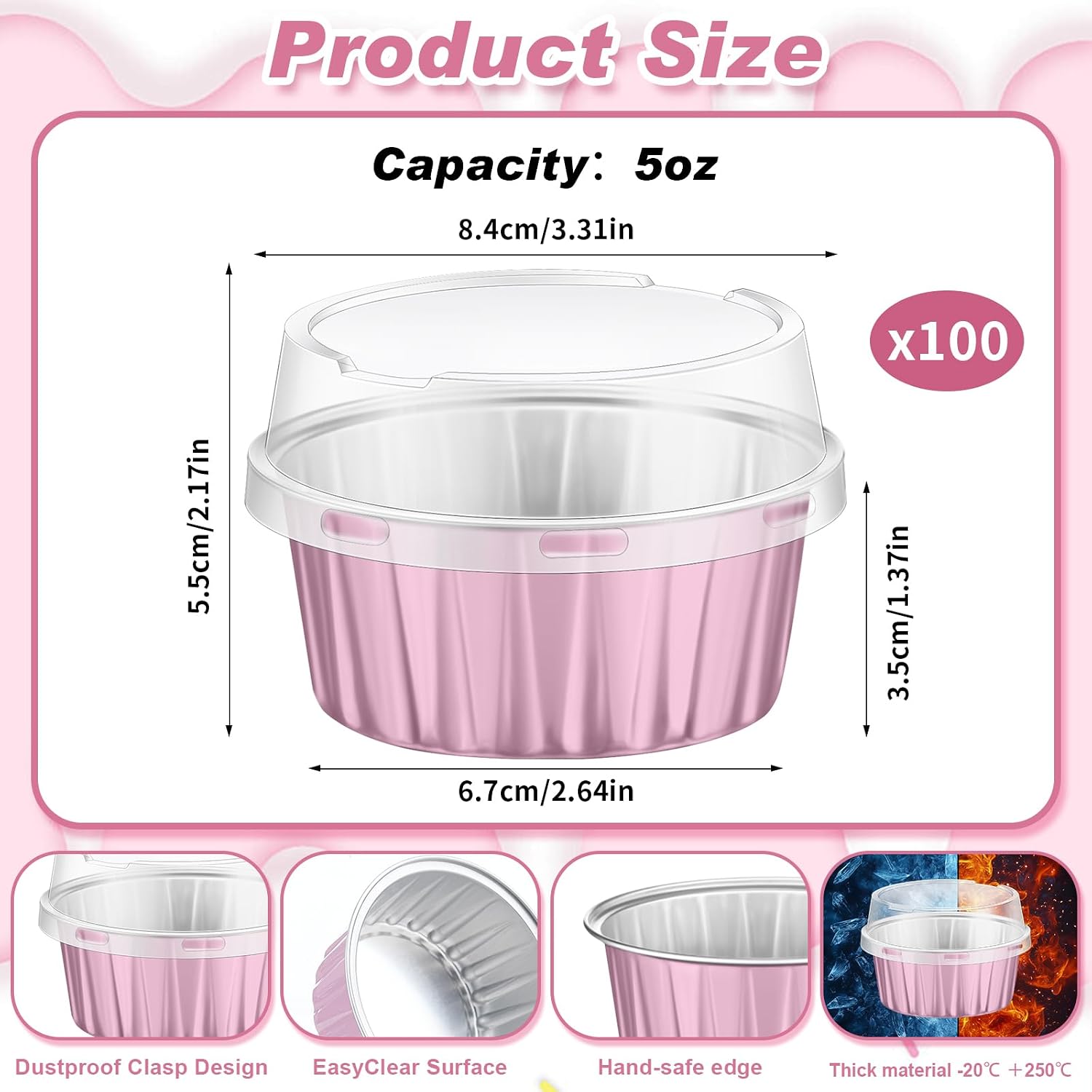Mothers Day Baking Cups with Lids 5 oz Mini Pink Aluminum Foil Cupcake Red Baking Cups for Spring Party Round Dessert Pans Molds Containers(100 Pcs,Pink)