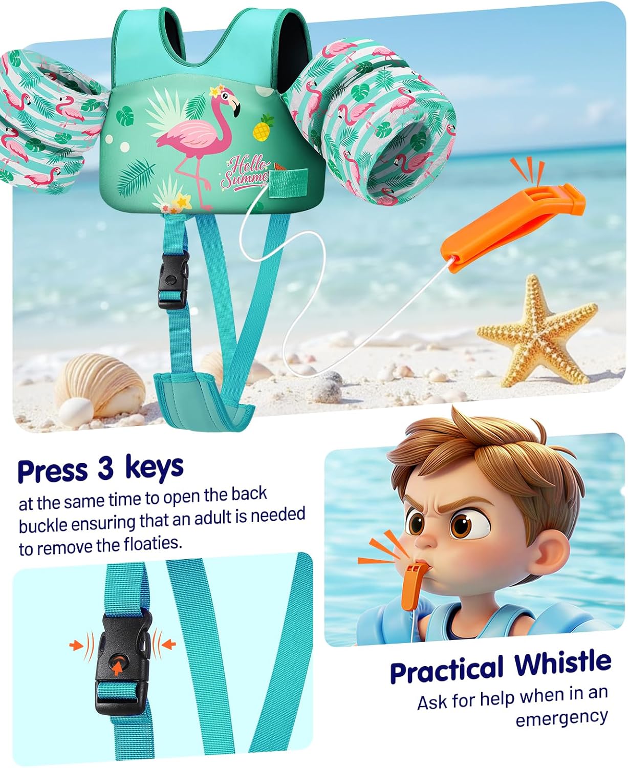 HeySplash Toddler Swim Vest, Toddler Floaties Fit 13,2-33 Lbs, Puddle Kids Jumper with Adjustable Strap, Pool Float Jacket Arm Floaties Baby Floatie Water Wing Pool Sea Swim Aid, Blue-Striped Flamingo