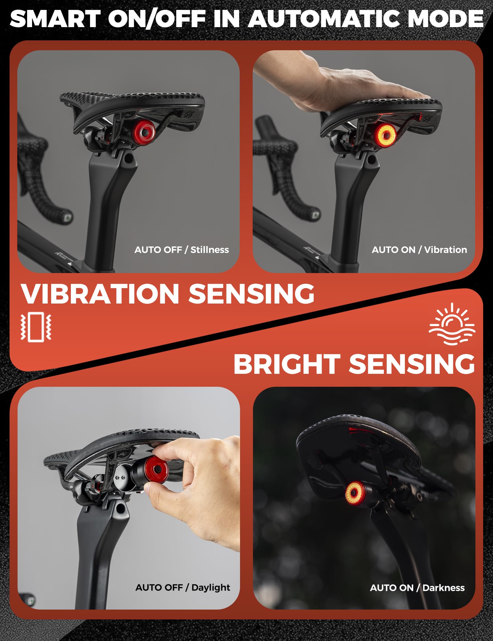 ROCKBROS Luz Trasera para Bicicleta con Sensor de Freno Vibración, Luz LED Inteligente Recargable USB, Impermeable IPX6 y 5 Modos, Brillante Roja para Ciclismo MTB, Bicicleta de Carretera