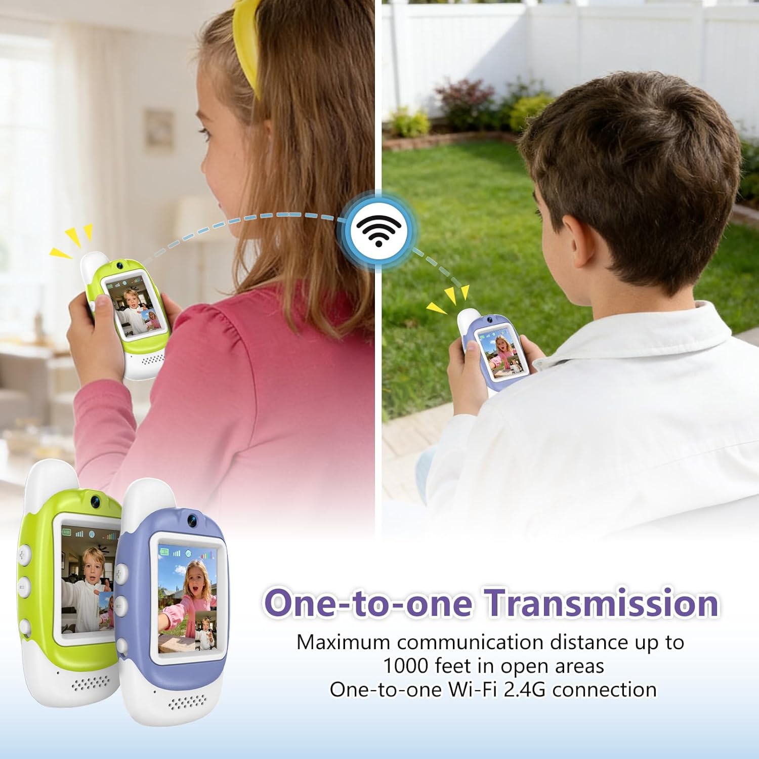 Video Walkie Talkies for Kids, 2 Pack Rechargeable Video Walkie Talkies, HD Camera, Voice Changer, for Family Fun Camping and Travel, Ages 3-12, Green and Purple