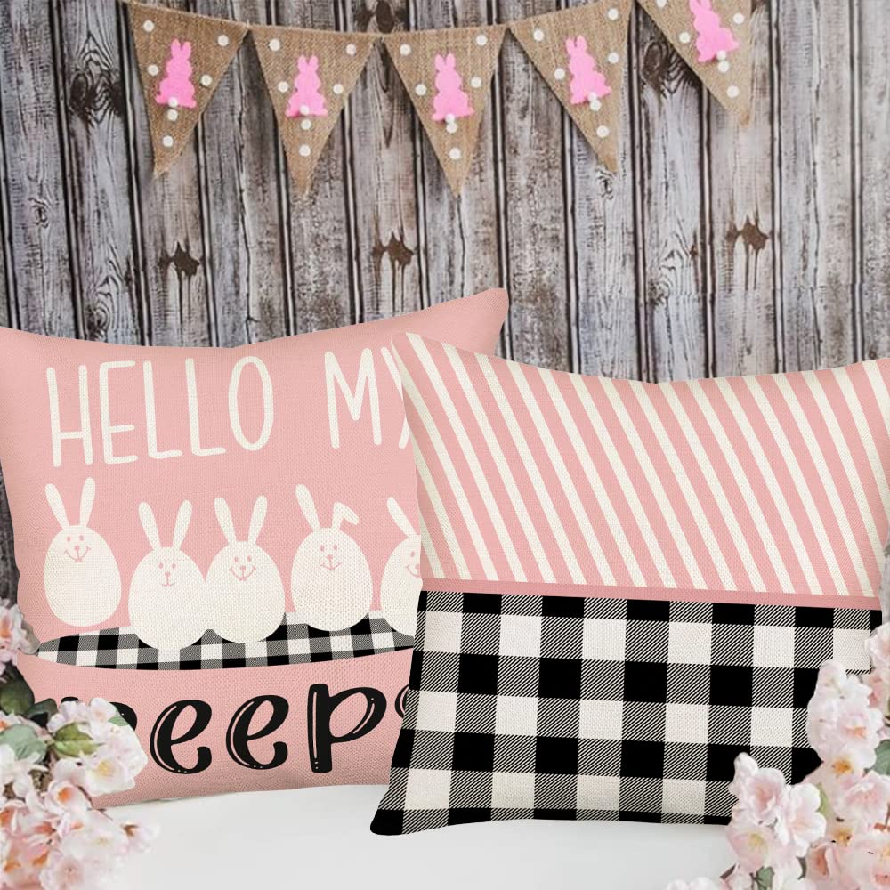 GEEORY G482-18 - Juego De 4 Fundas De Almohada De Pascua De 18 X 18 Pulgadas Conejos Conejos Huevos De Hello Peeps Camiones Hip Hop A Rayas