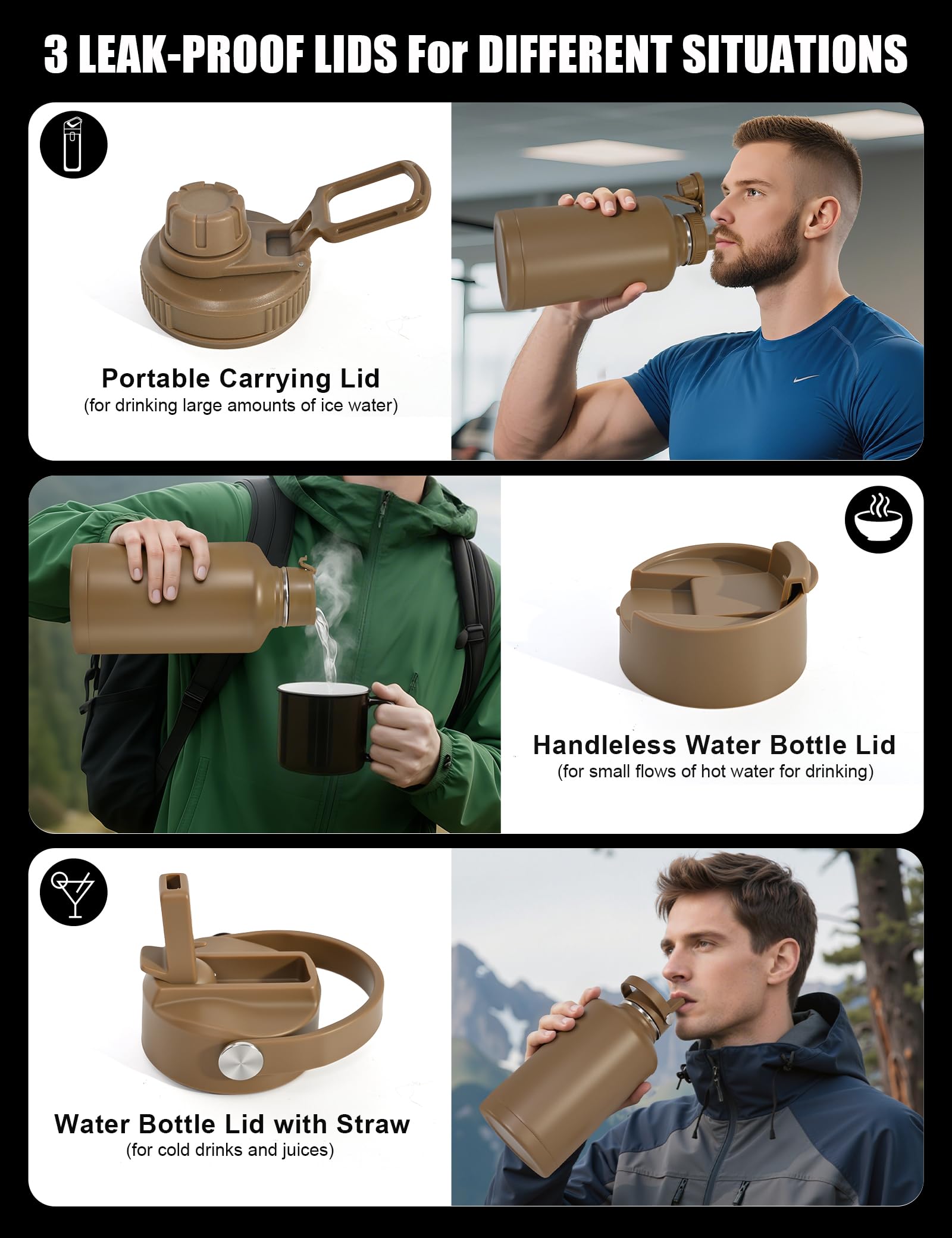 Taktische Wasserflasche mit Strohhalm, isolierter Wasserkrug mit MOLLE-Wasserflaschenhalter, Edelstahl-Sportflasche mit 3 BPA-freien Deckeln, für Fitnessstudio, Workout, Wandern, 1,8 l, Braun