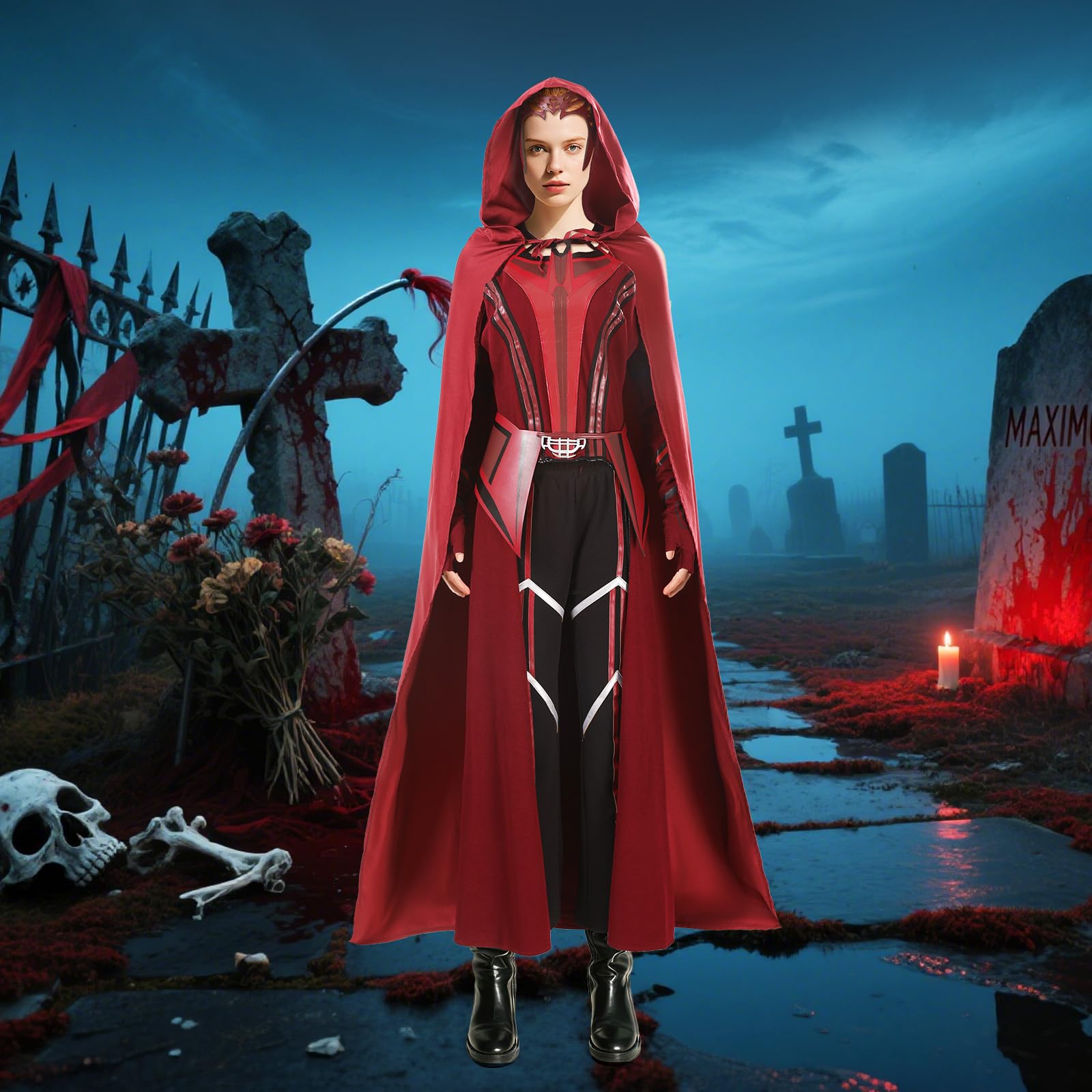 Costume da donna Scarlet Witch Wanda Maximoff con cappotto, giacca, pantaloni, tuta, copricapo, Halloween, cosplay, carnevale