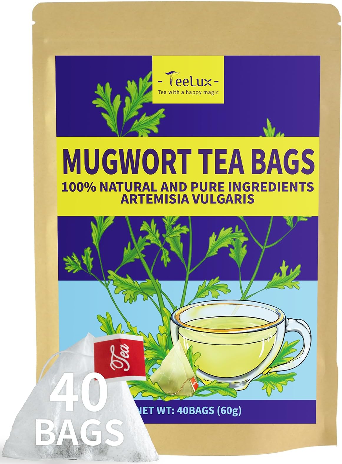 TeeLux Mugwort Tea Bags 40 Count, Natural Pure Mugwort Leaves, Caffeine Free, Healthy, Dried Mugwort Herbal Tea
