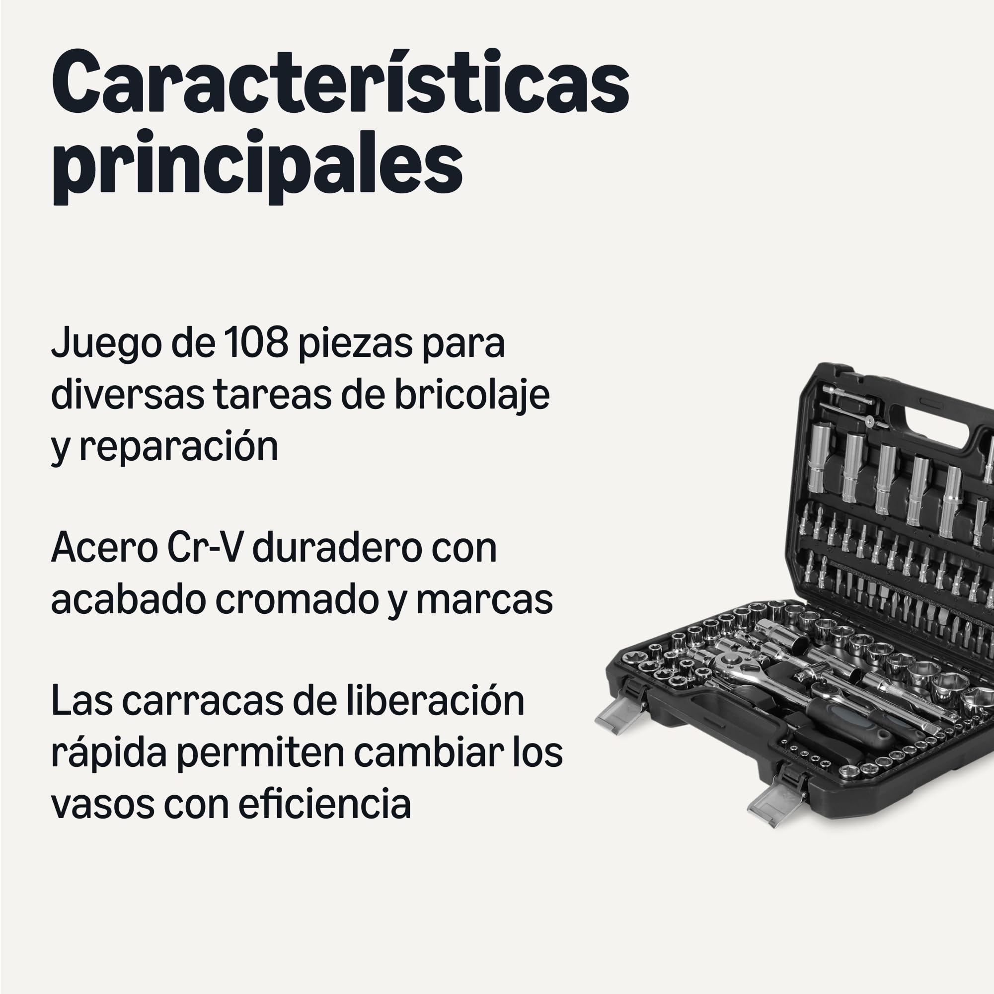 Amazon Basics - Juego de 108 llaves de vaso con llaves de carraca, extensores y brocas, incluye maletín de almacenamiento