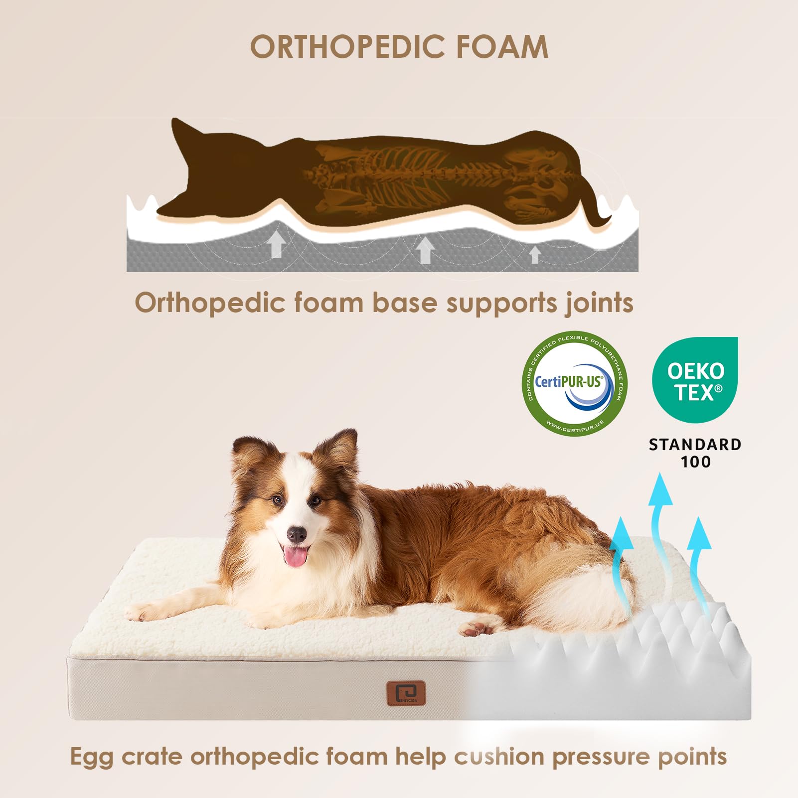 EHEYCIGA Cuccia Cane Interno Taglia Grande XL, (104L x 69W cm) Ortopedica Cuscino per Cani, Cuscino Cane Sfoderabile e Lavabile, Ortopedico Lettino per Cani, Orthopedic Dog Bed, Cammello