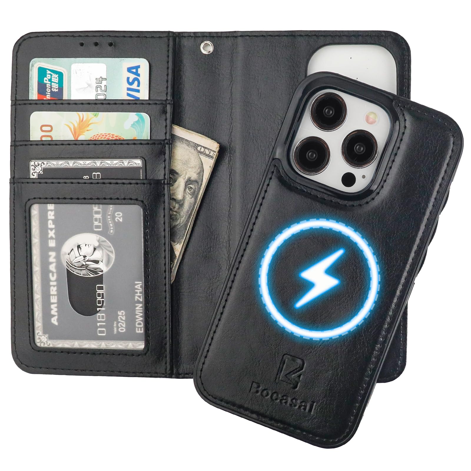 Bocasal for iPhone 15 Pro Wallet Case Compatible with MagSafe Wireless Charging, RFID Blocking Magnetic Leather Case with Card Slots Holder Kickstand