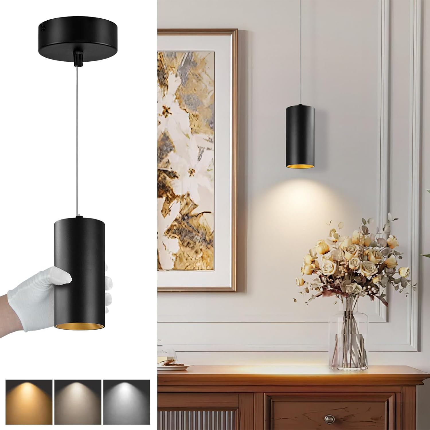 Arcfox 10W Pendant Light, Adjustable Height Modern Cylinder LED Pendant Lights Kitchen Island Fixtures, Dimmable Ceiling Hanging Lights for Kitchen Dining Room Bar (Retractable-15CM-1pcs)