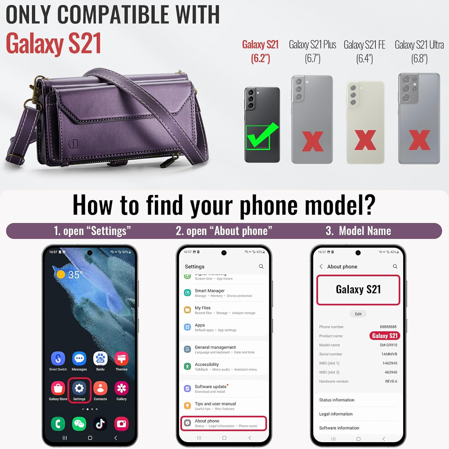 Strapurs Crossbody Wallet Case Compatible with Samsung Galaxy S21 5G RFID Blocking Card Holder Soft PU Leather Magnetic Snap Shoulder Strap Zipper Pocket Phone Case Fit for Galaxy S21 6.2" - Purple